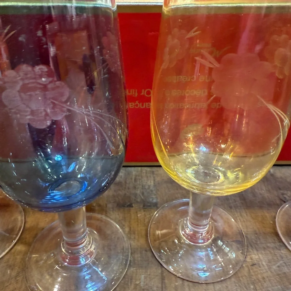 5” Etched Floral Colored Small Stemmed Glasses - Set of 5 Blue, Yellow, Red